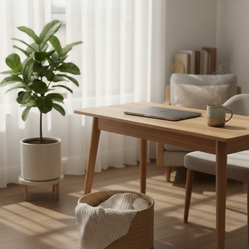 A serene, uncluttered home workspace designed for online psychological support, featuring a light wood desk with a slim, closed laptop at the center and a ceramic cup of herbal tea beside it. A large, leafy plant in a matte white pot softens the scene, while a woven basket holding a soft throw rests on the floor. Diffused daylight filters through sheer curtains, creating gentle, natural shadows and a calm, inviting glow. Photographic realism, shot at eye level with a slight angle, using a shallow depth of field so the desk area is in crisp focus and the background softly blurred. The mood is warm, professional, and safe, suggesting a quiet space for reflection and holistic care without showing any people.